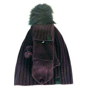 Calvin Klein Faux Fur Pom pom Hat Flip Top Gloves set Aubergine Purple